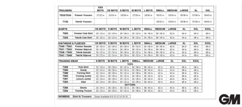 Gunn and Moore Clothing Size Guide